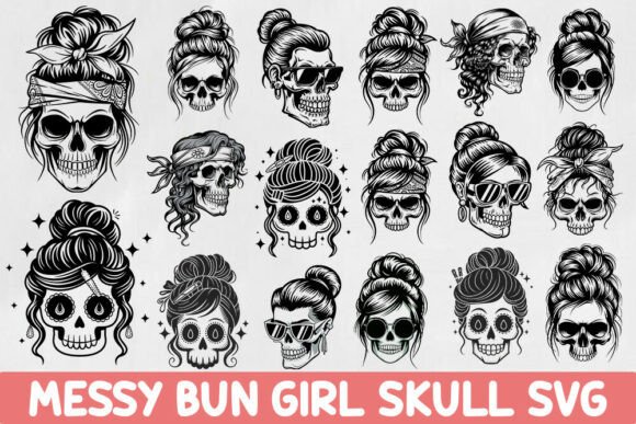 Messy Bun Skull Svg Bundle.20 Designs